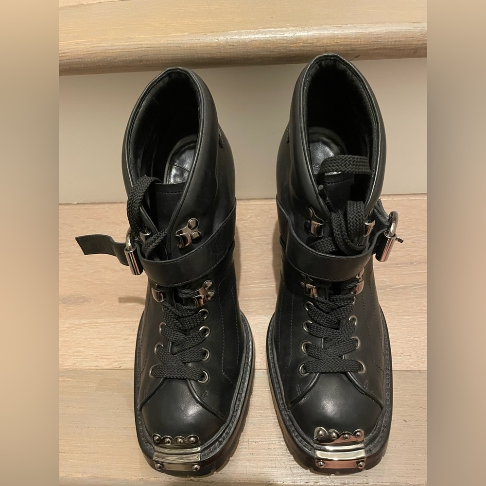 MIU MIU Black Leather and Steel Toe Ankle Boots